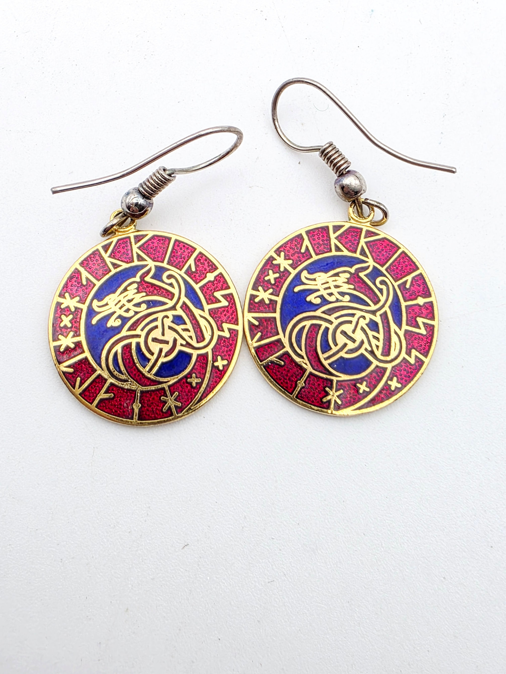 Vintage Gold Tone Cloisonné Celtic Knot Dragon Circle Drop Earrings 3cm