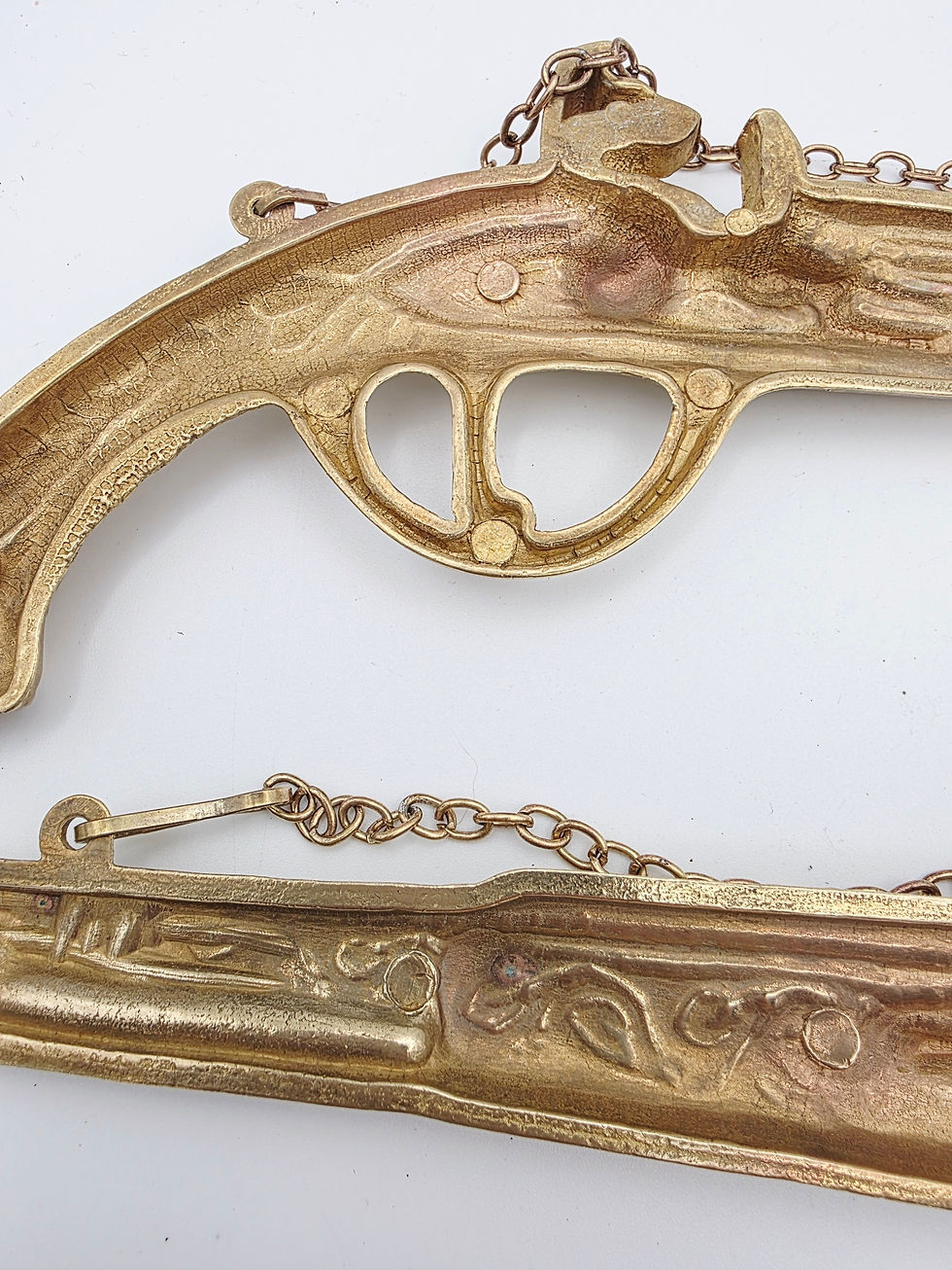 Thumbnail: Vintage Brass Pistol Wall Plaques Pair Flintlock Ornament Hanging Decor