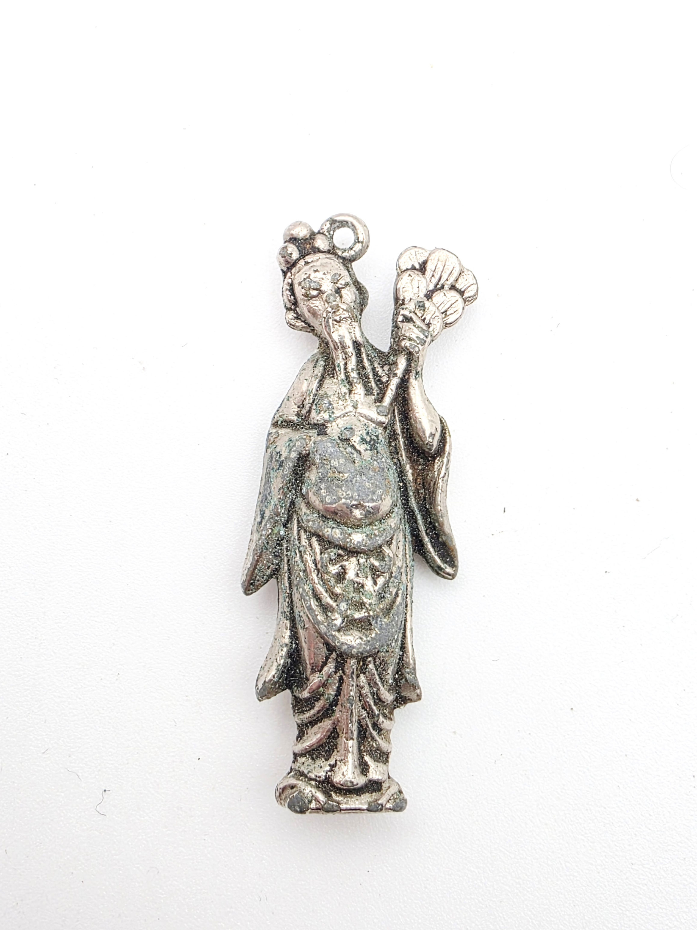 Front view of vintage silver plated oriental Zhongli Quan Eight Immortals charm pendant