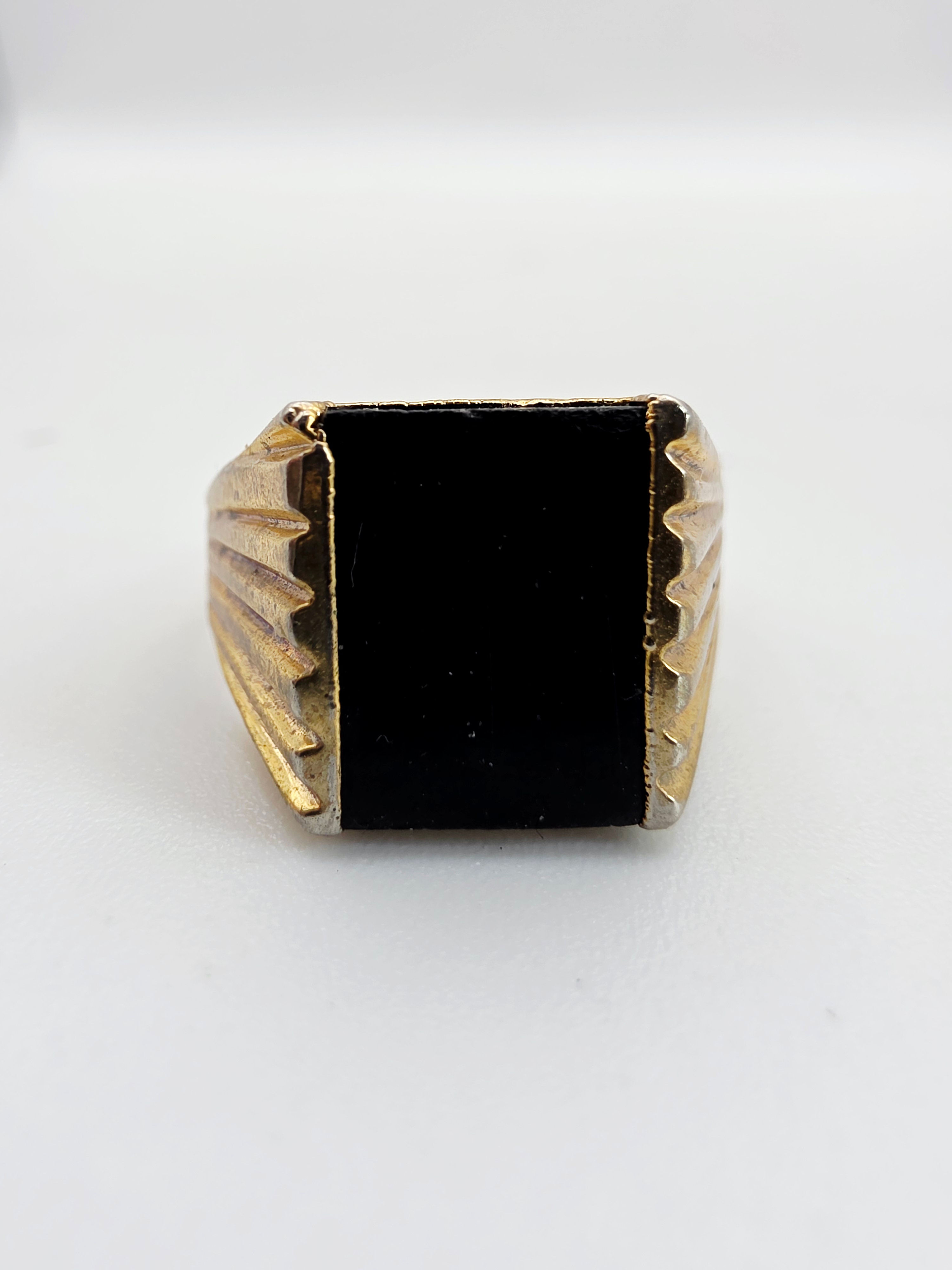 Vintage Art Deco Style Black Signet Ring Gold Tone Statement UK Size R