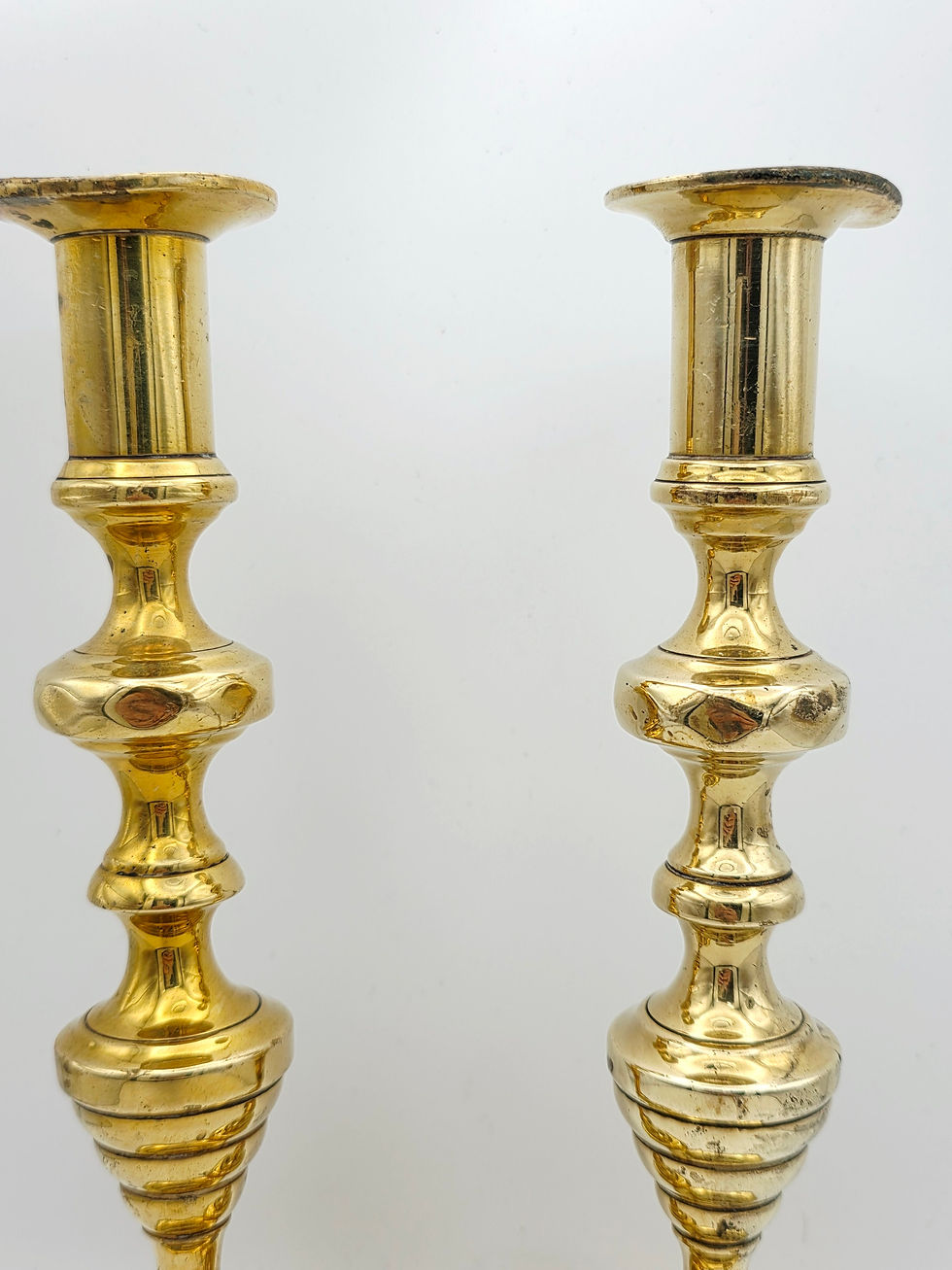 Thumbnail: Antique Victorian Brass Candlesticks Pair Beehive Baluster Candle Holders 25cm