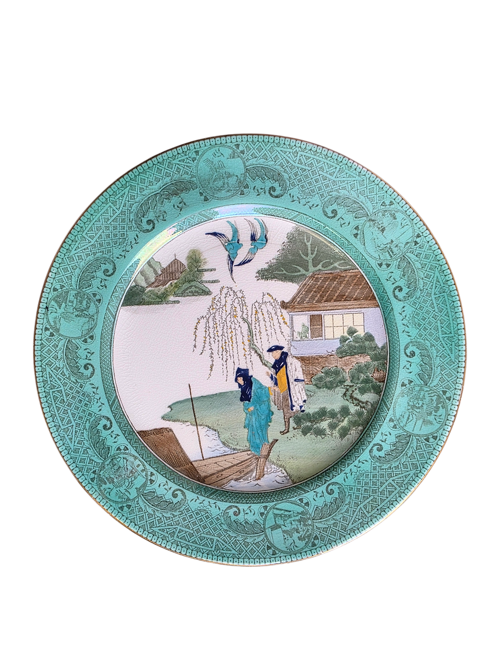 Rare Royal Doulton Willow Story Plate Turquoise Border Escape Scene c1920