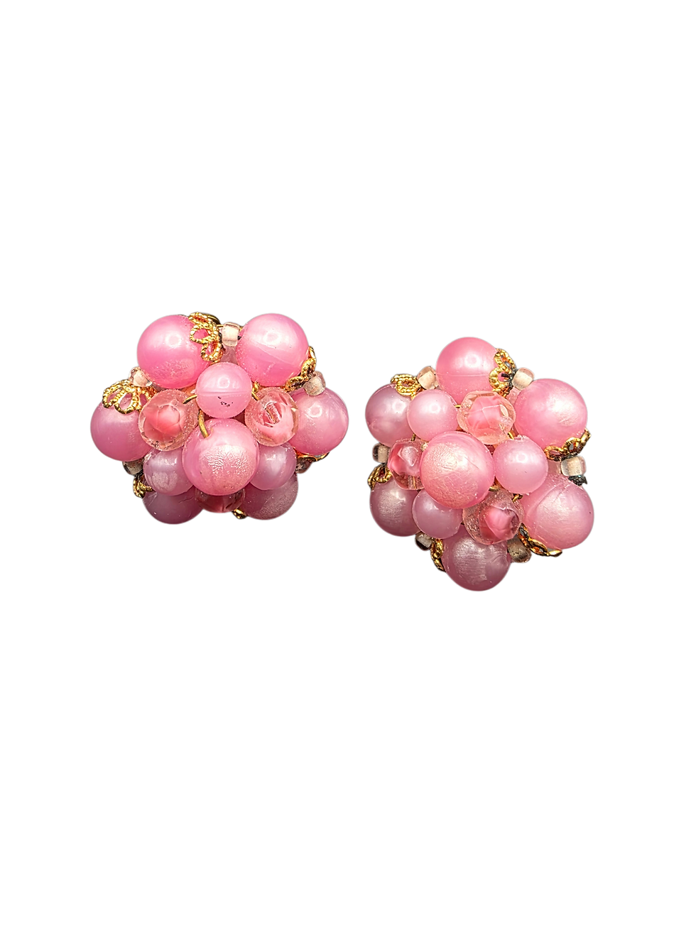 Vintage Pink Bead Cluster Clip-On Earrings – Gold Tone Costume Jewellery