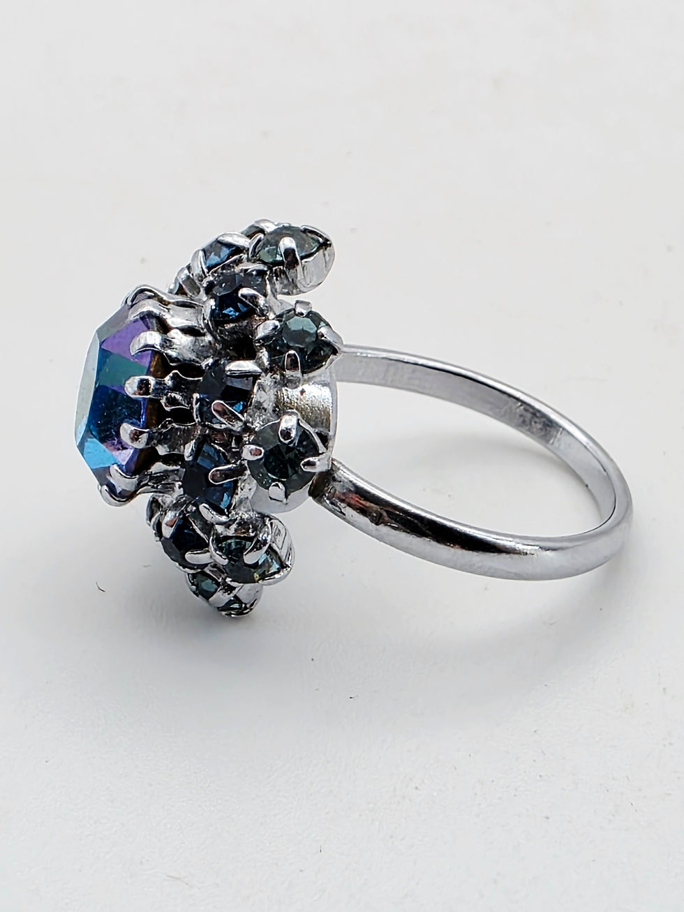Thumbnail: Vintage 1950s Blue Aurora Borealis Glass Cluster Cocktail Ring Size R 1/2
