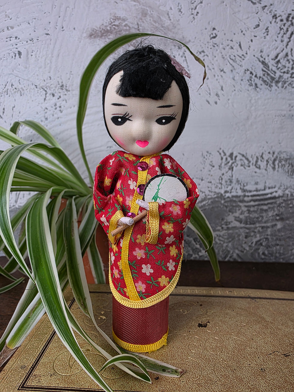Vintage Asian Wooden Figurine with Fan and Red Floral Dress