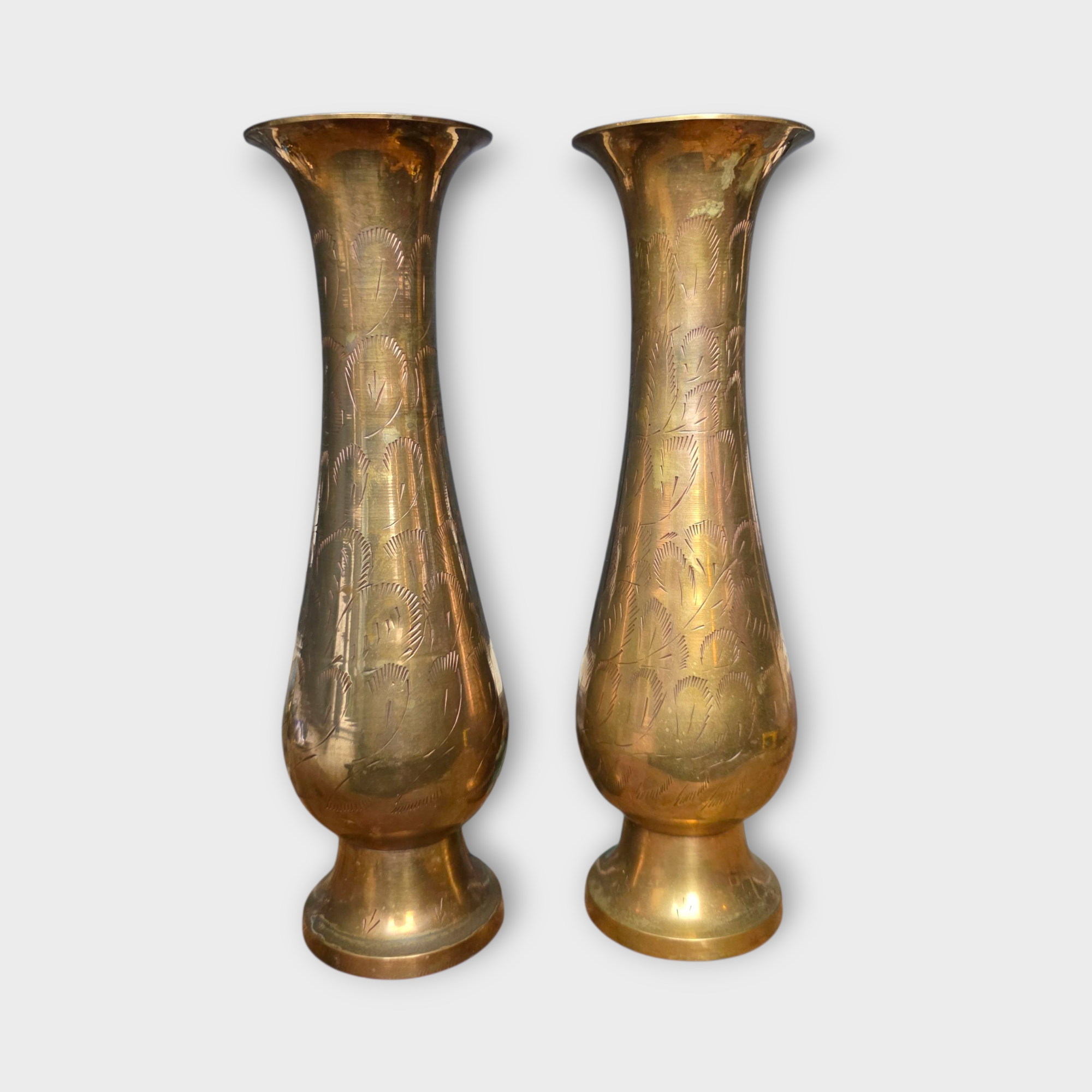 Pair of Hand Engraved Brass Vases 23.5cm – Mid Century Indian Decor