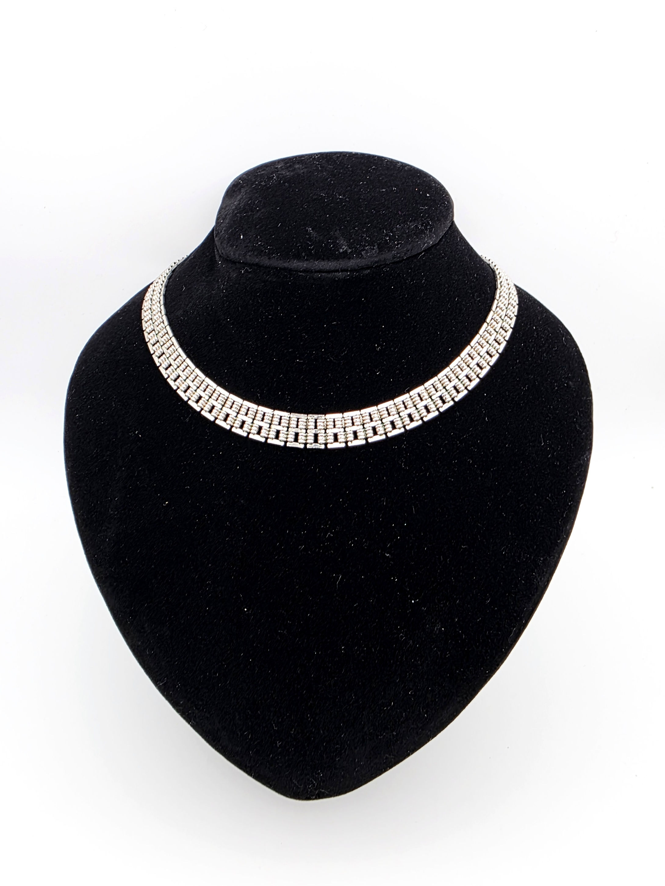 Mid Century Silver Tone Textured Brick Link Statement Collar Necklace C1960s
