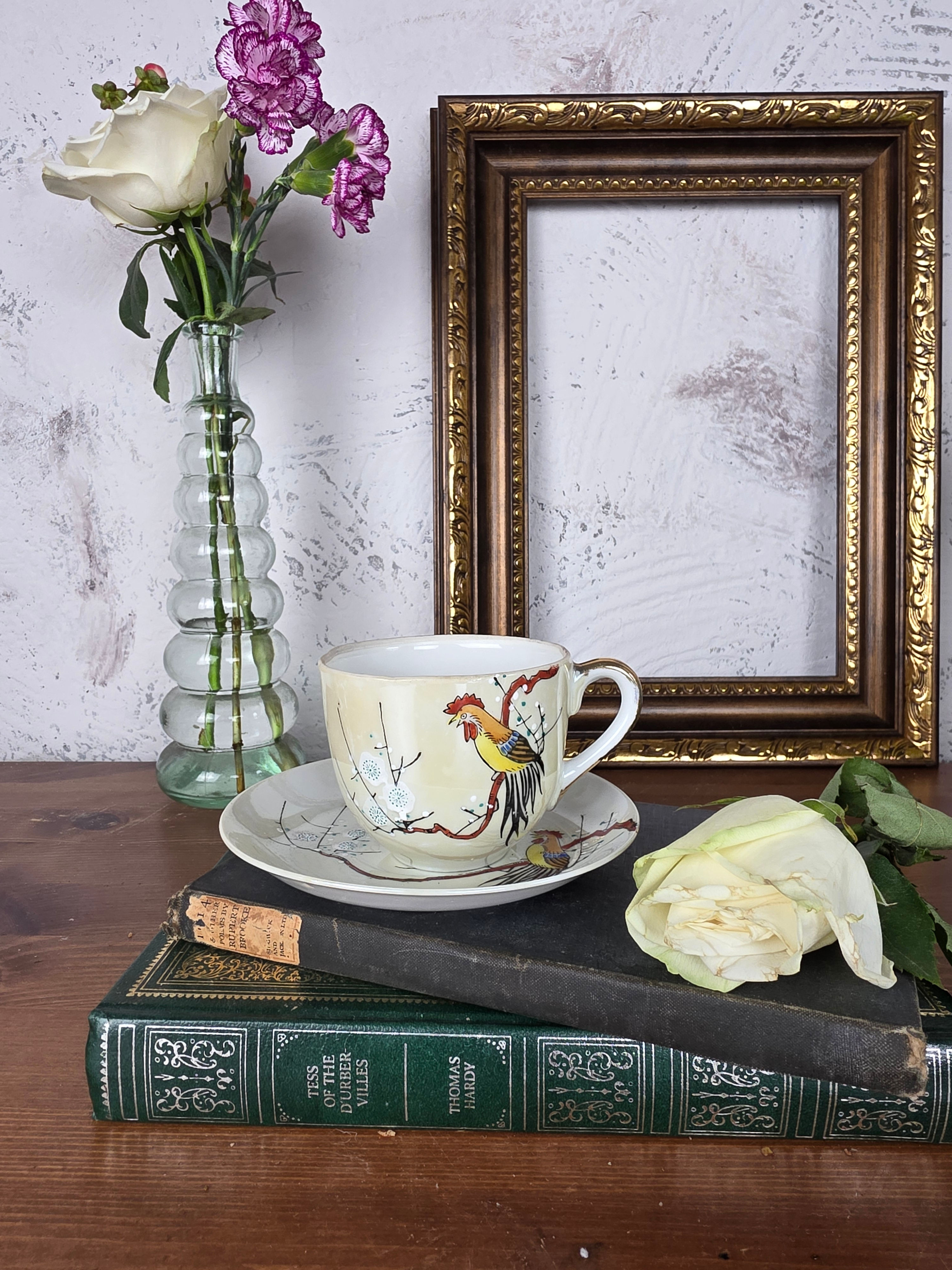 Antique Japanese Hand Painted Porcelain Tea Cup & Saucer Rooster Foreign Mark