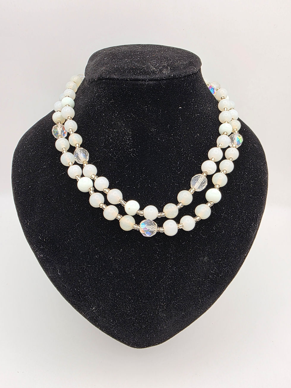 Thumbnail: Midcentury Opaline Glass Bead Necklace Iridescent AB Faceted Crystal Strand