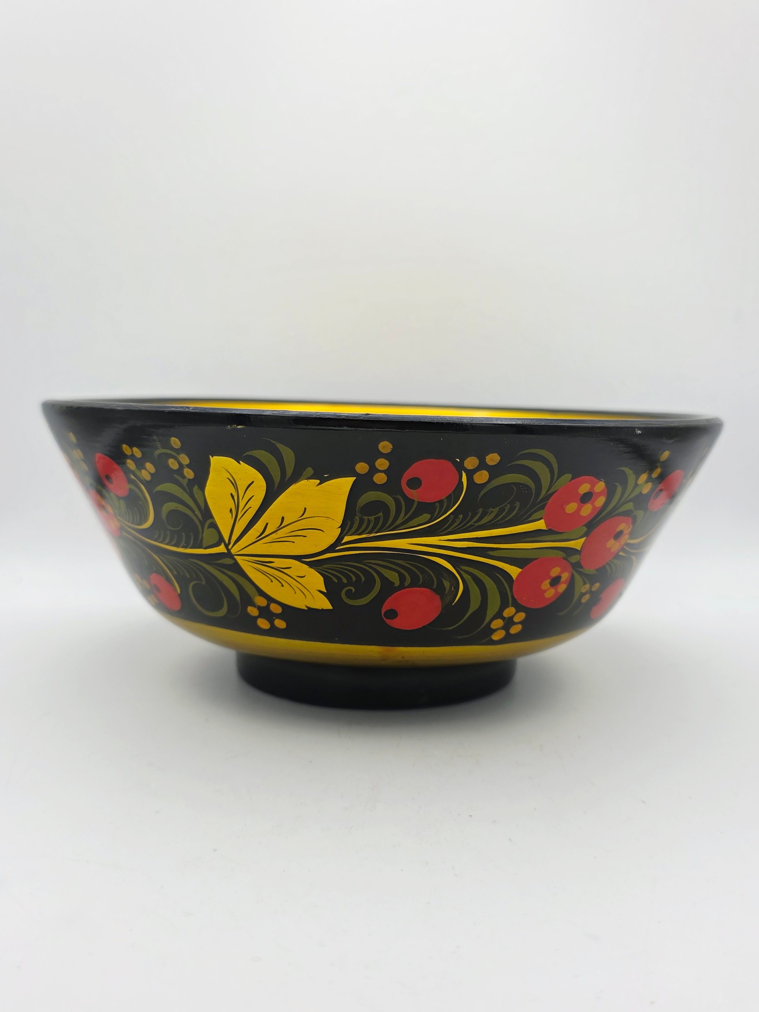 Vintage Russian Khokhloma Wooden Bowl Hand Painted Red Berry Folk Art Lacquerwar