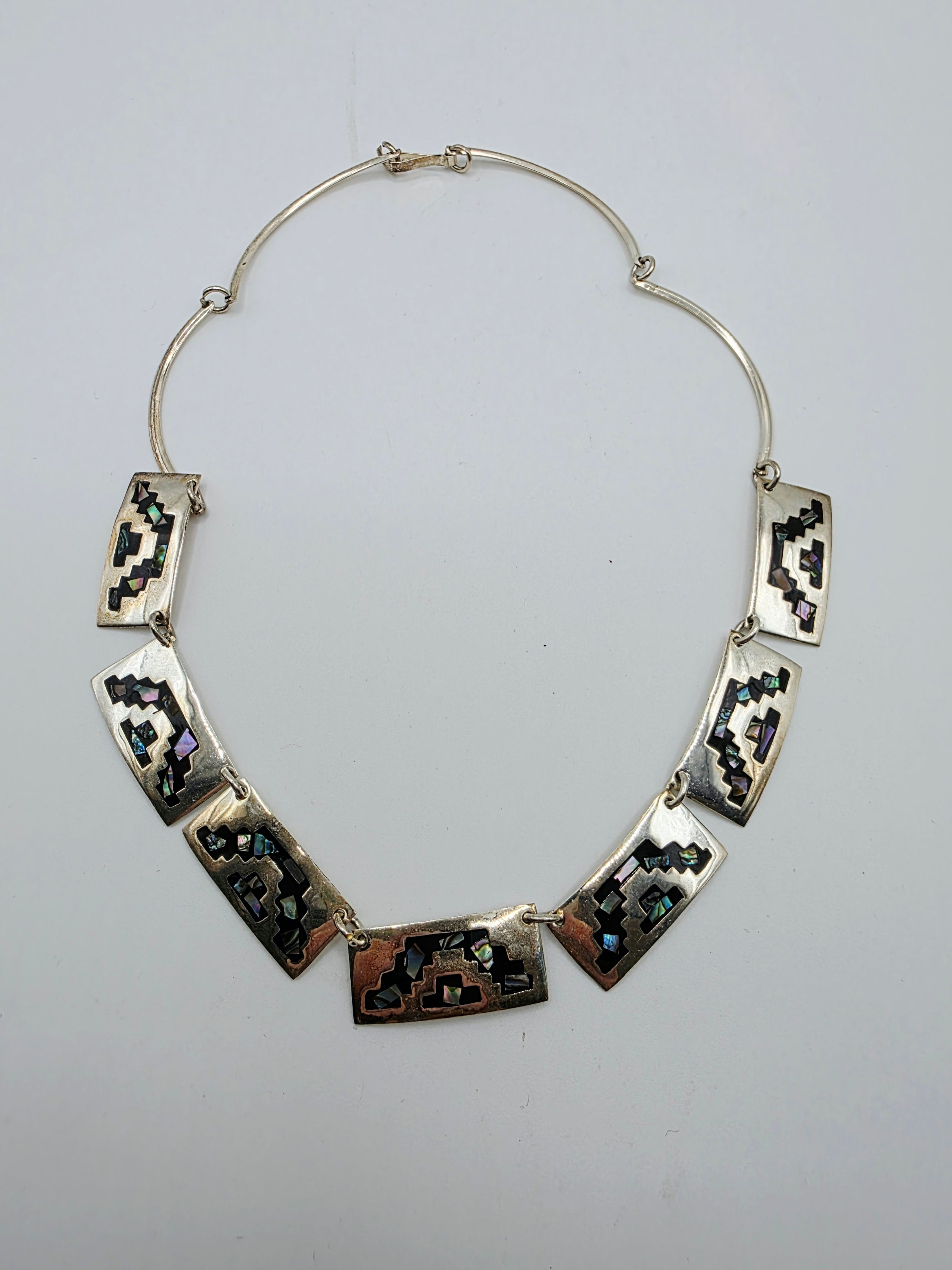Vintage Mexican Alpaca Abalone Geometric Panel Collar Necklace Choker