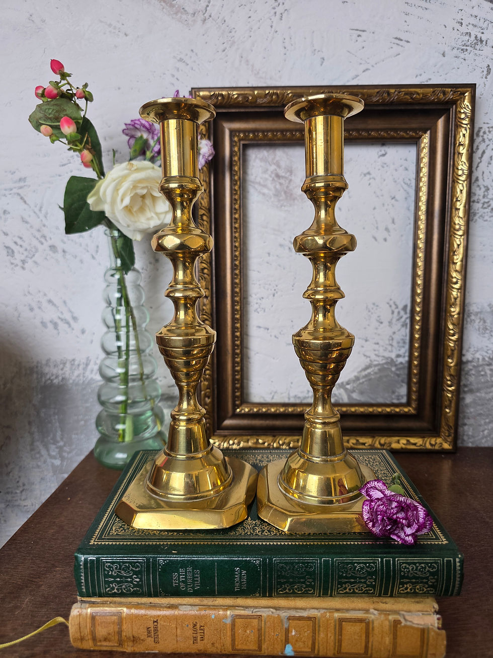 Victorian Brass Candlestick Pair with Octagonal Bases & Ejector Feature 25cm