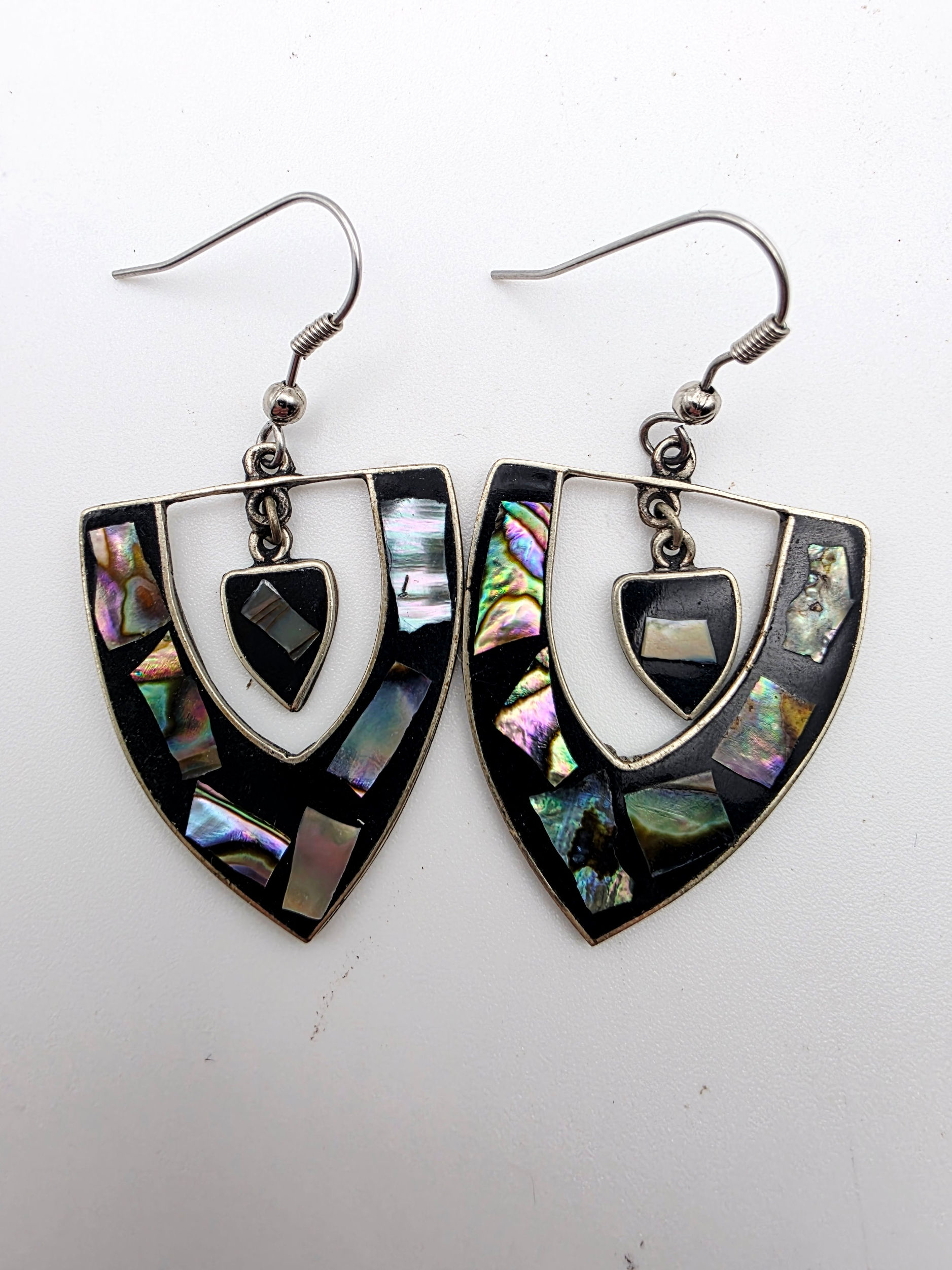 Vintage Mexican Alpaca Silver Abalone Shell Shield Bohemian Drop Earrings