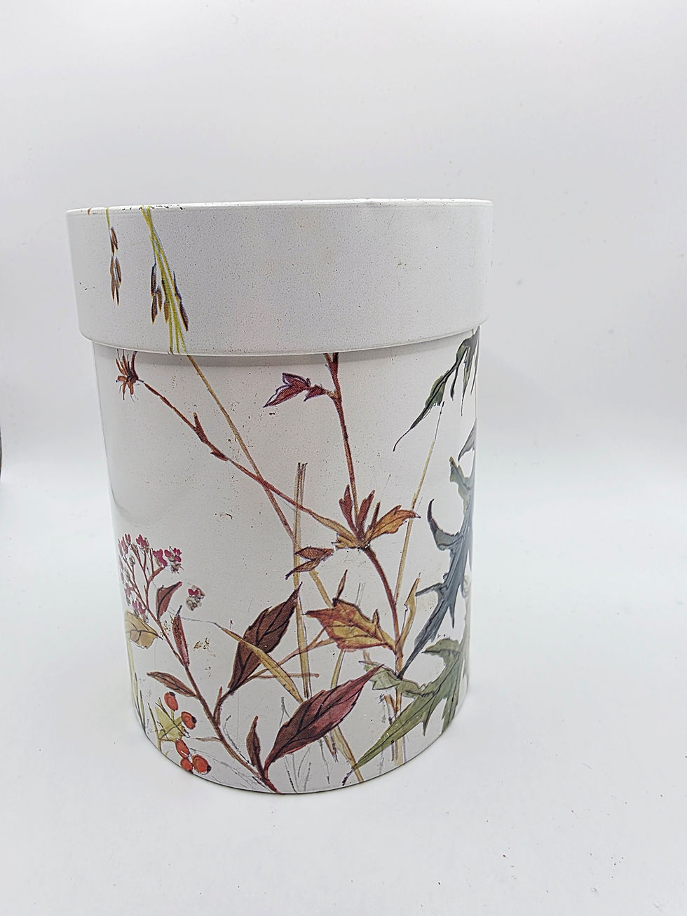 Thumbnail: Vintage Botanical Metal Storage Tin Cylindrical Wildflower Floral Canister