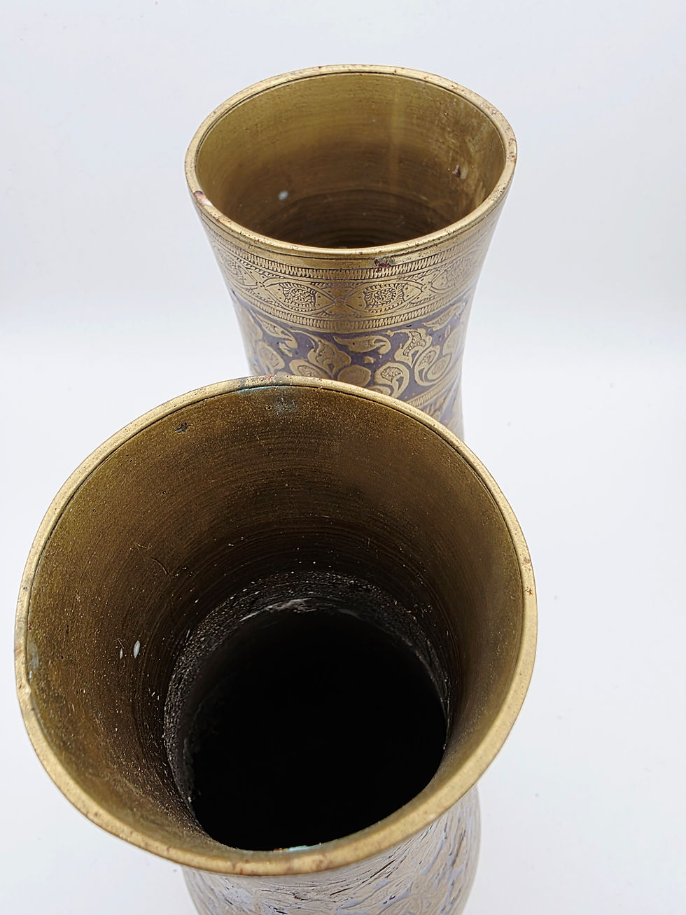 Thumbnail: Vintage Indian Brass & Enamel Vases Floral Purple Engraved Boho Decor Pair 1.5kg