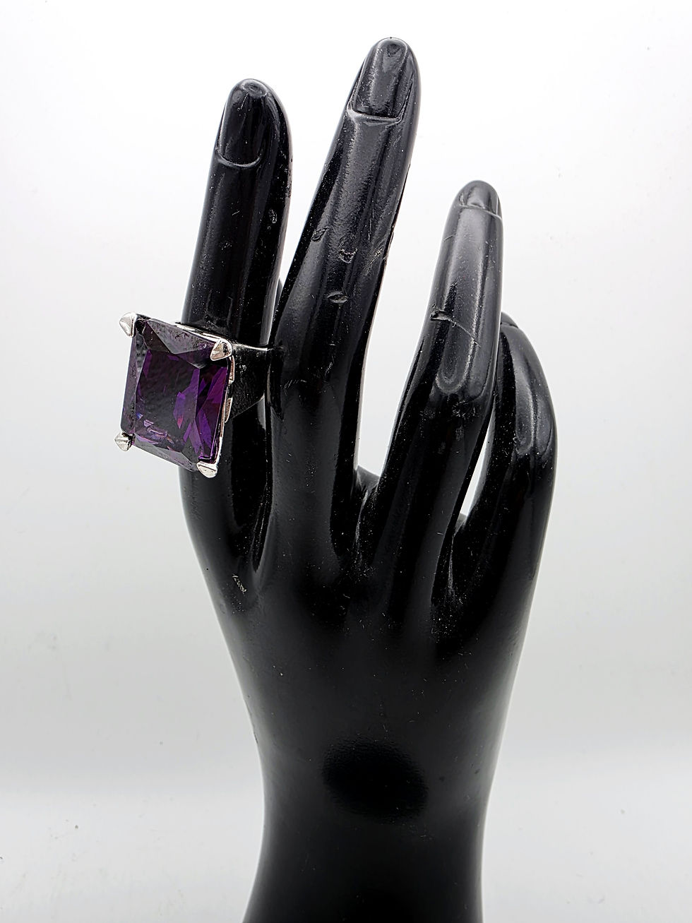 Thumbnail: Vintage Modernist Silver Tone Amethyst Glass Cocktail Ring Size M