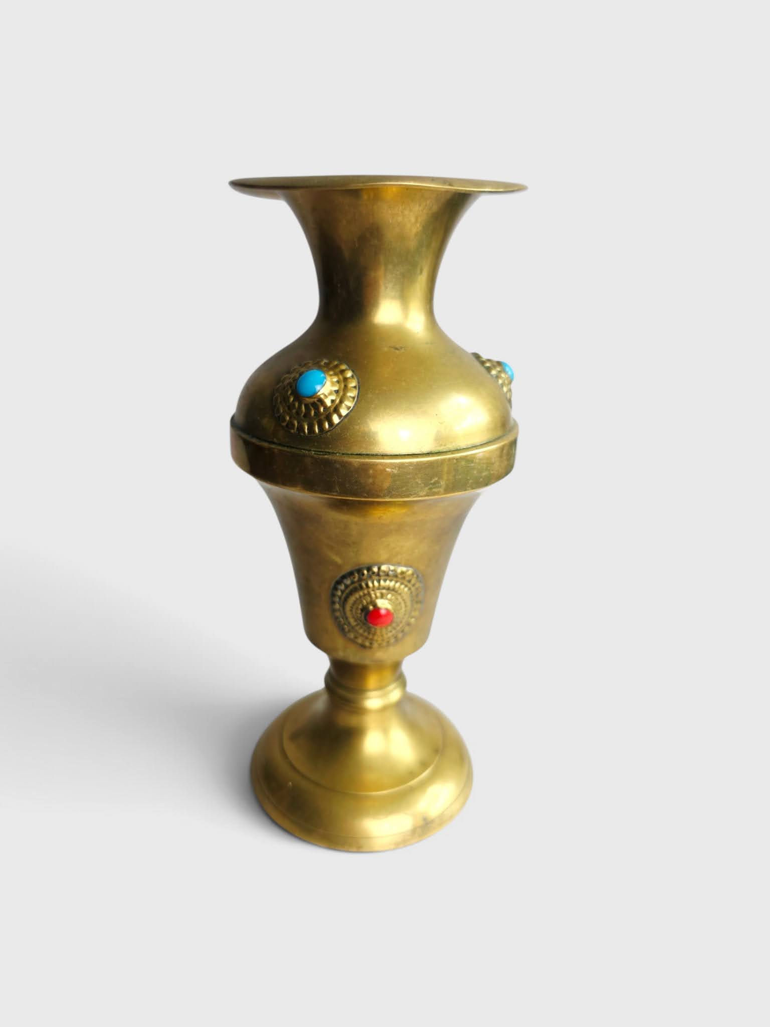 Vintage Tibetan brass baluster vase with simulated turquoise and coral cabochons 19.5cm