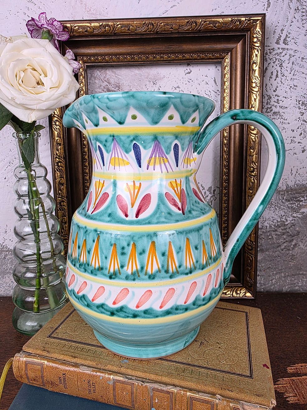 Hand Painted Majolica Jug – Turquoise & Floral Mediterranean Pottery Pitcher