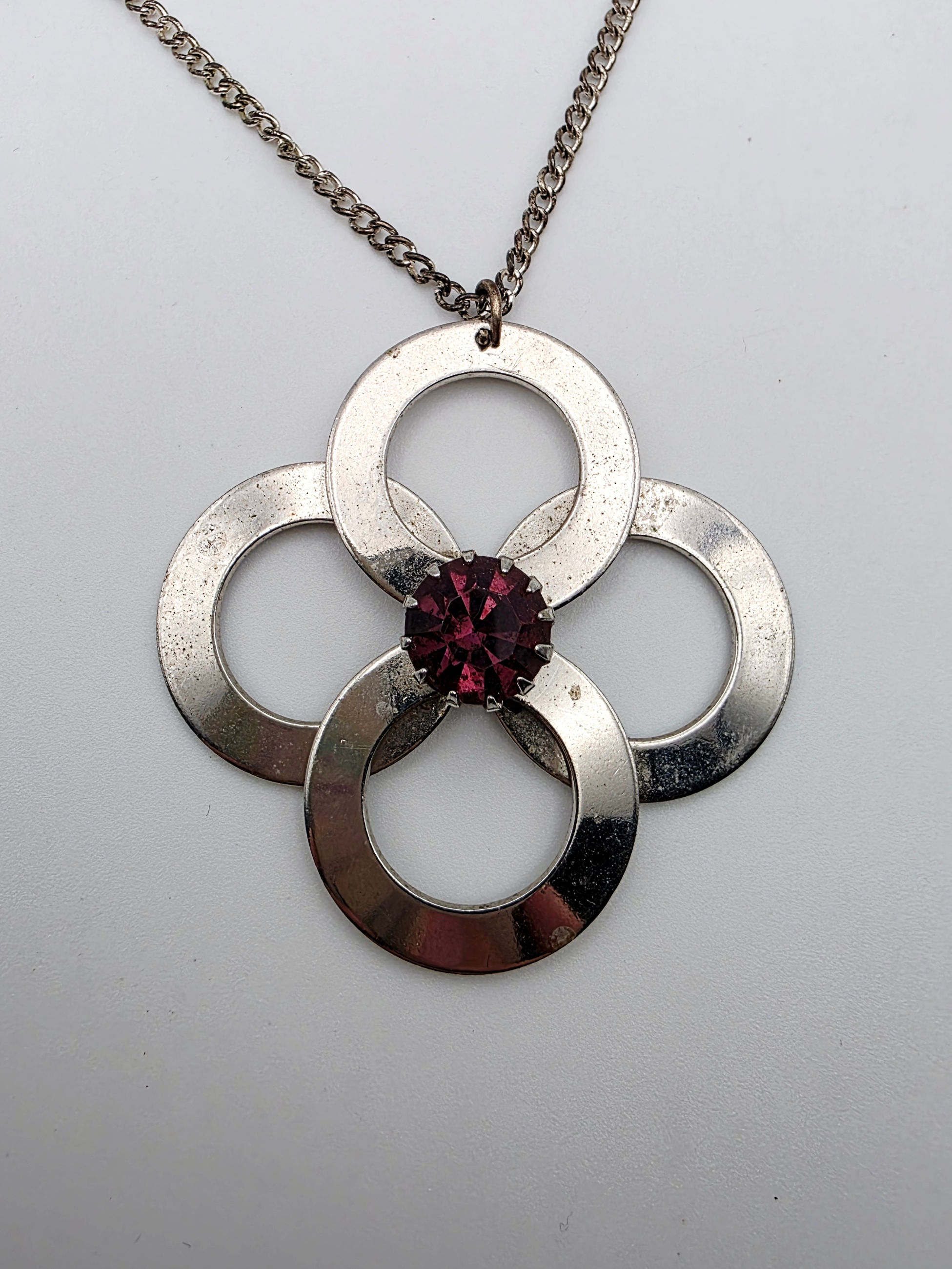 Mid-Century Modernist Silver Tone Openwork Flower Pendant Necklace