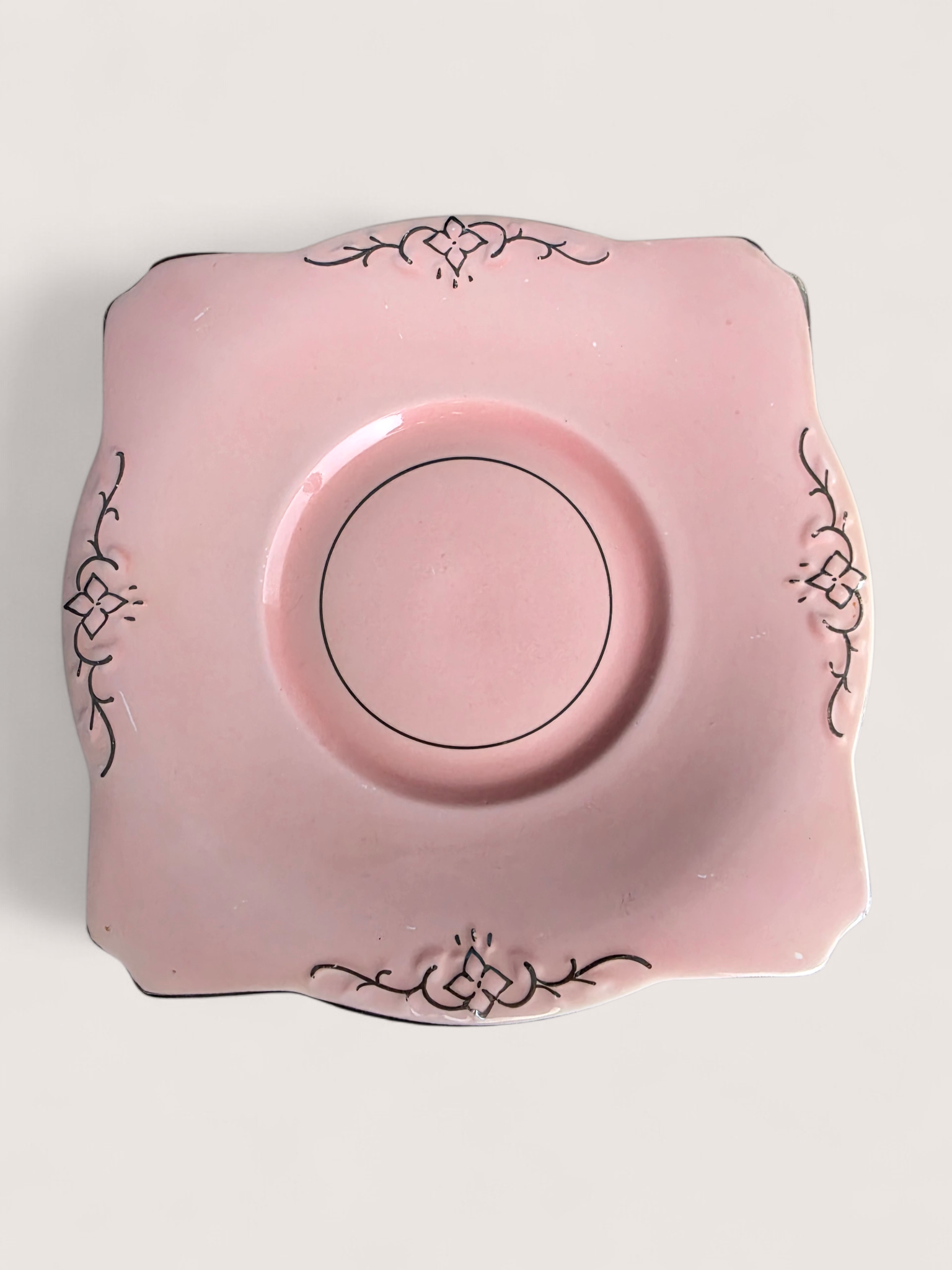 Art Deco Pink Black Floral Square Plate England 22cm 1930s Vintage Ceramic