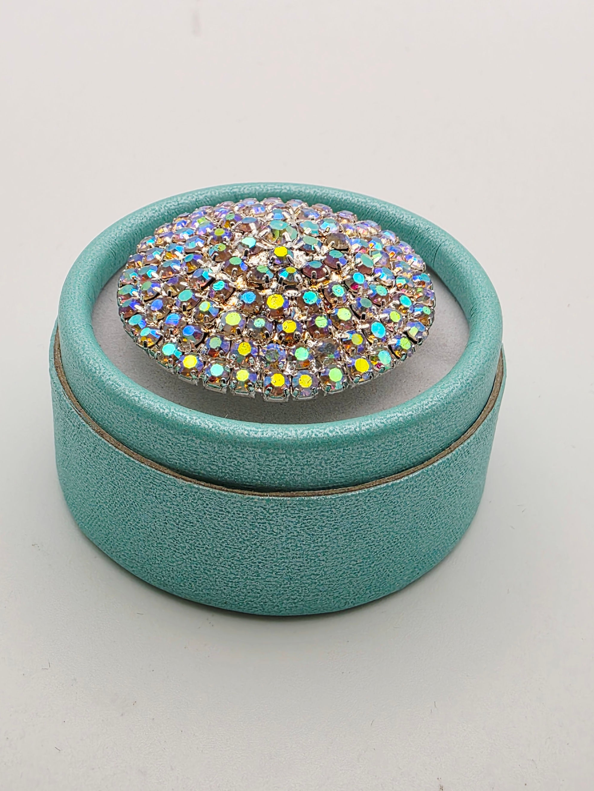 Aurora Borealis Crystal Dome Cluster Statement Ring Size O Adjustable Boxed