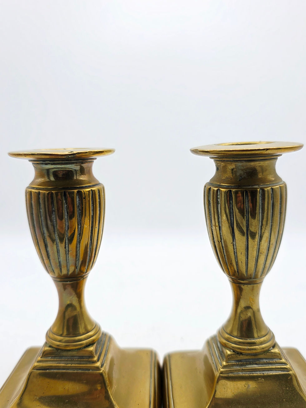 Thumbnail: Antique Georgian Regency Neoclassical Brass Candlesticks Pair Square Base