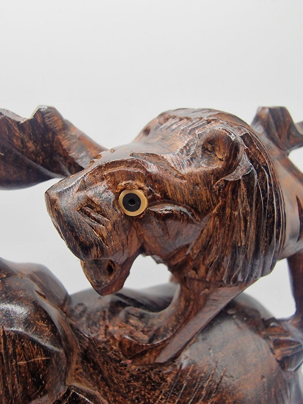 Thumbnail: Mid-Century Hand-Carved Rosewood Elephant & Lion Sculpture – Made in India