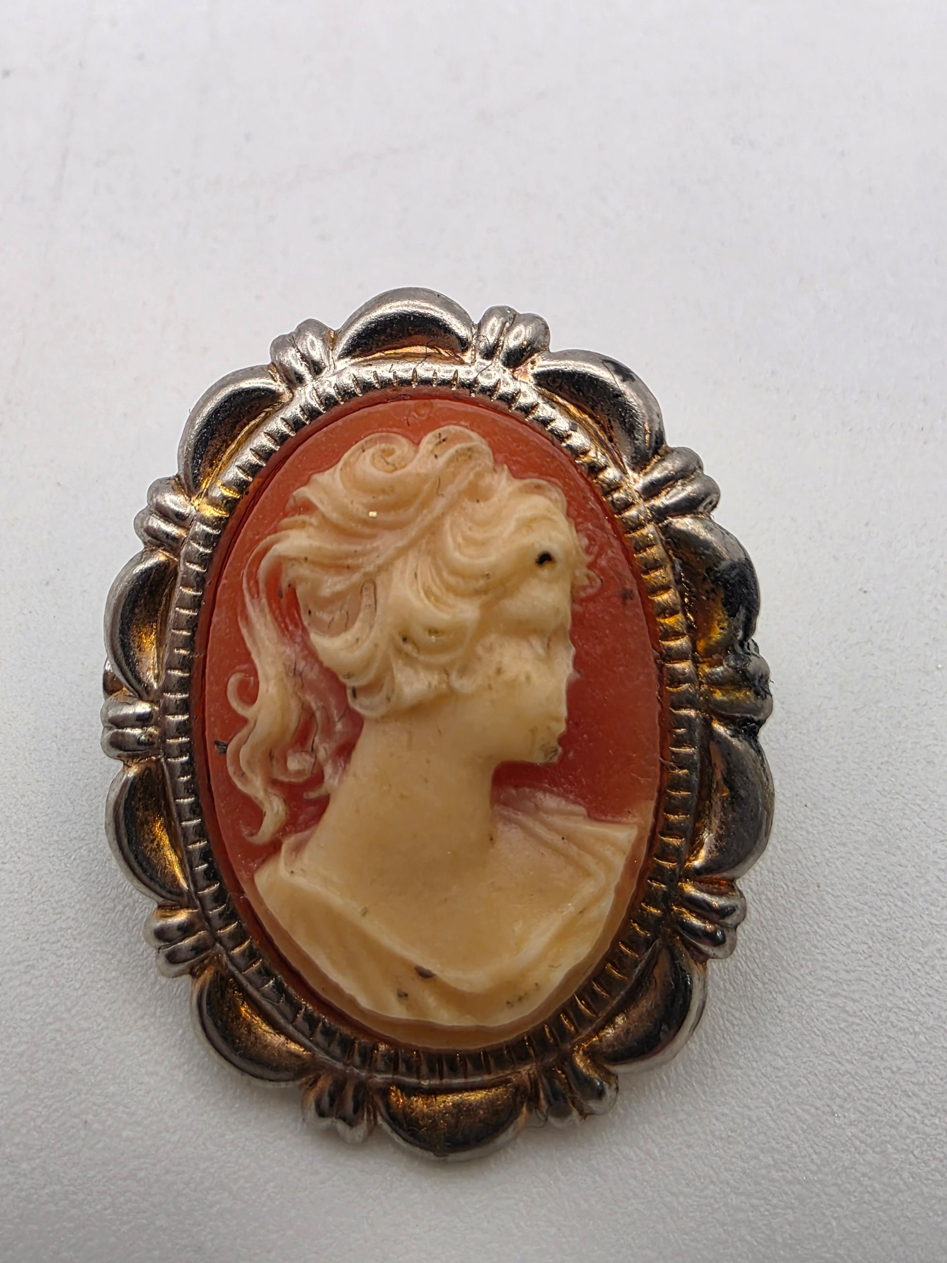 Vintage Small Coral Cameo Brooch Lady Portrait Silver Gold Tone Frame 2.5 x 2cm