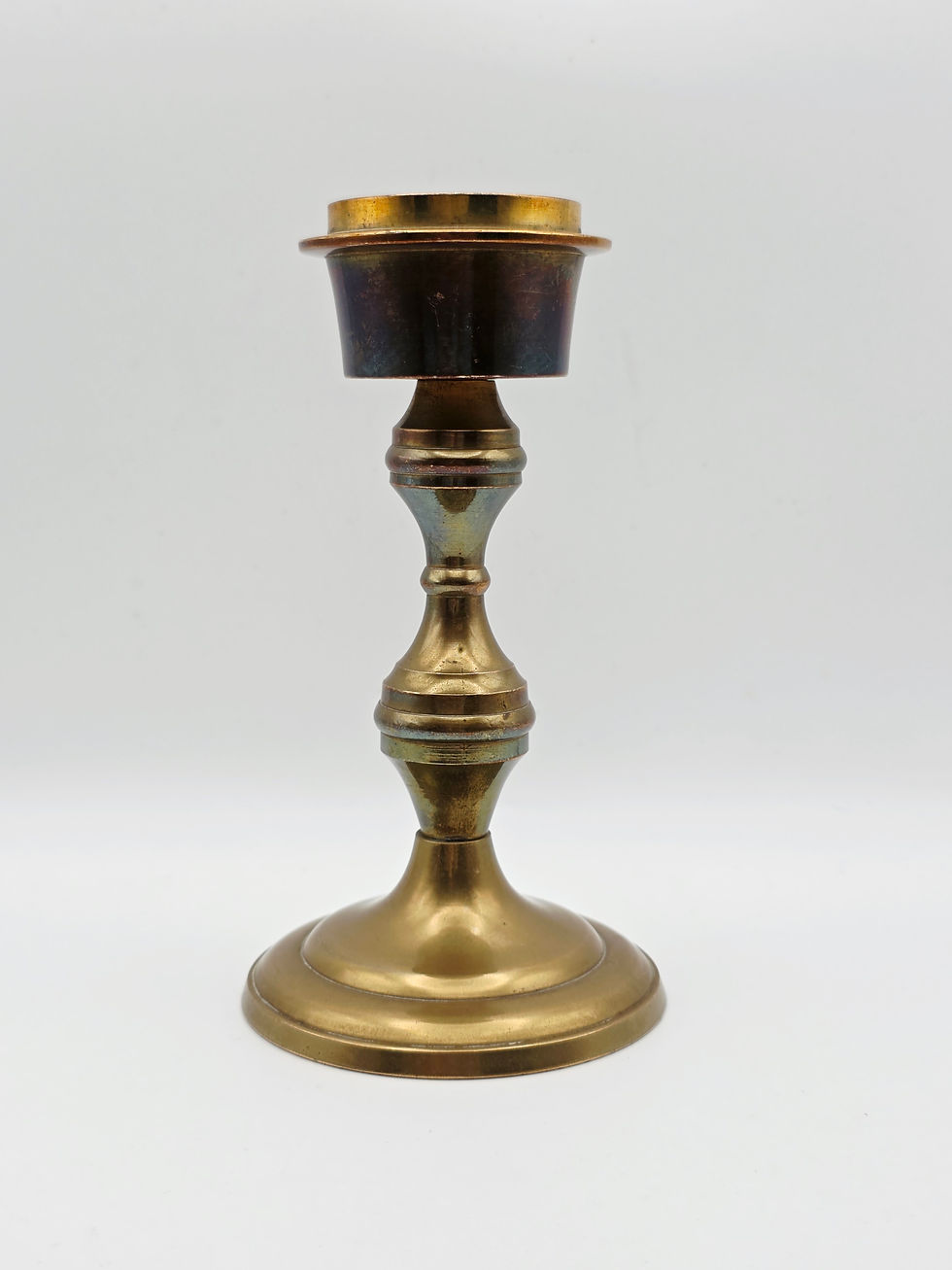 Thumbnail: Mid-century turned solid brass candle holder with wide cup rim on white background