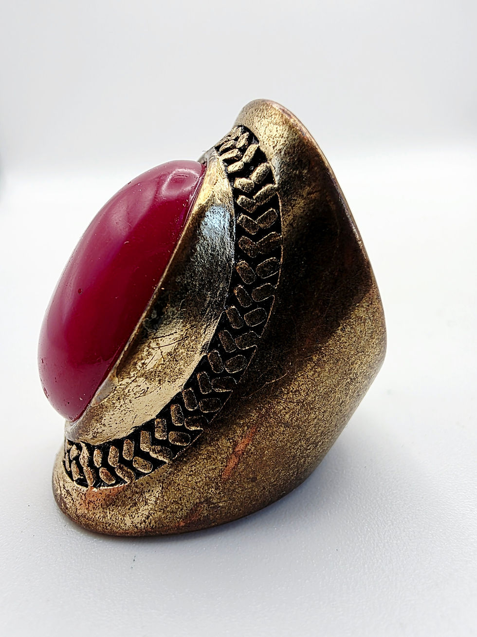 Thumbnail: Vintage Brass Red Gemstone Statement Ring Size R Gothic Boho