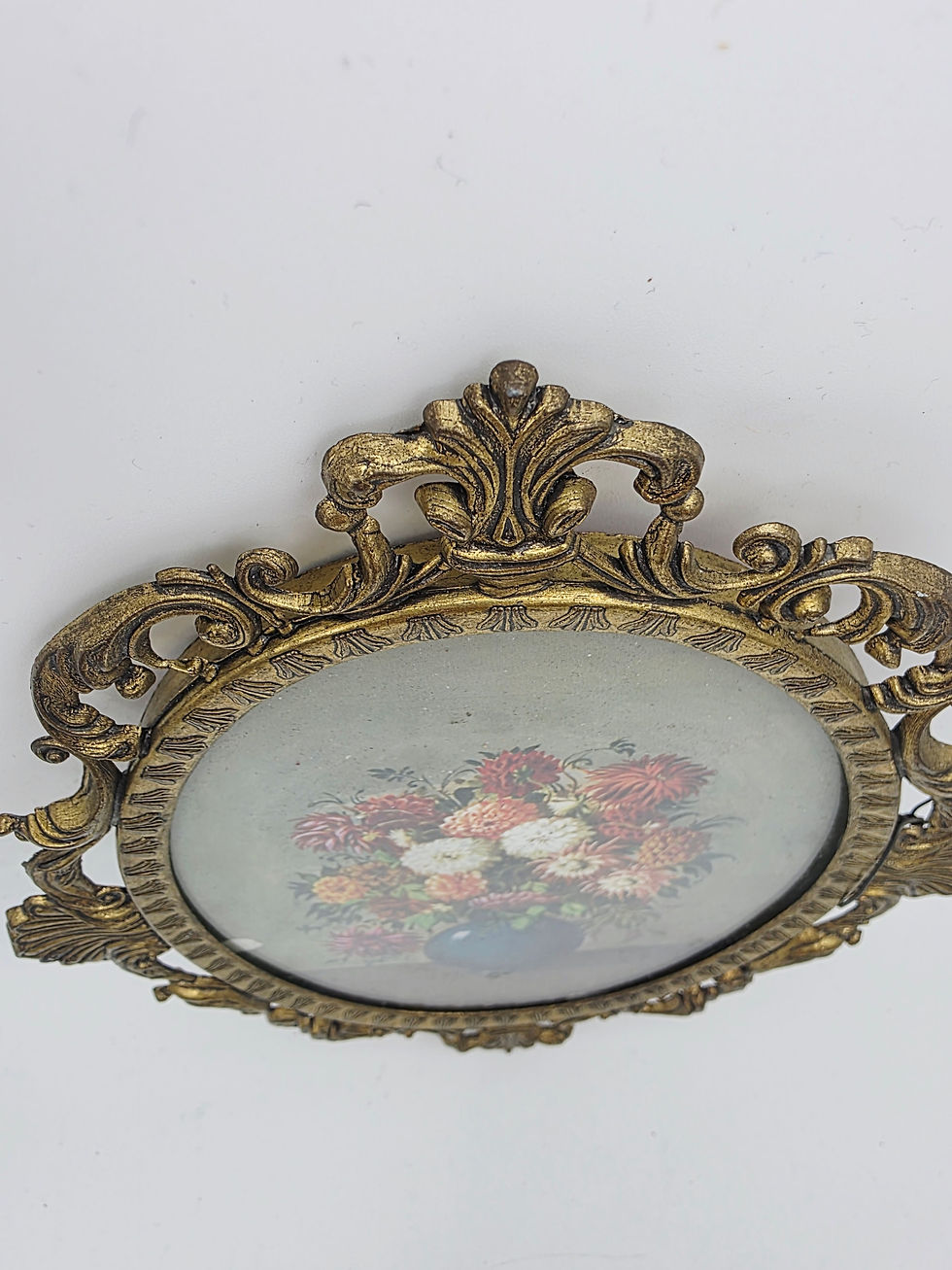 Thumbnail: Vintage Italian Brass Baroque Picture Frame Floral Still Life Convex Glass 24cm
