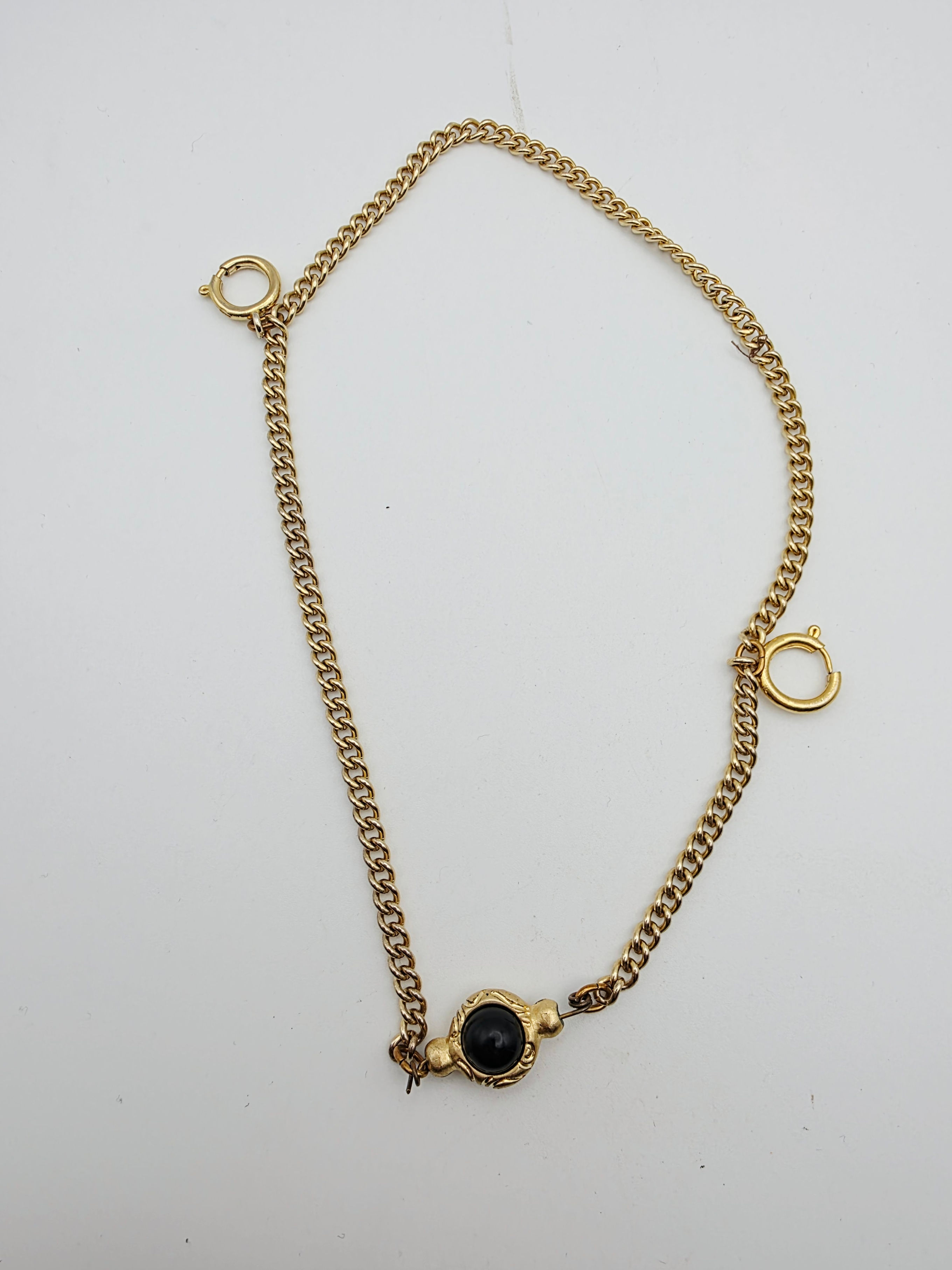 Vintage Gold Tone Black Glass Cabochon Waist Chain Chatelaine Extension 22cm
