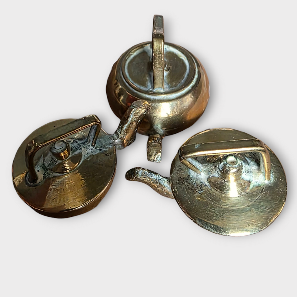 Thumbnail: Vintage Miniature Brass Teapot Set with Six Kettles on Tray