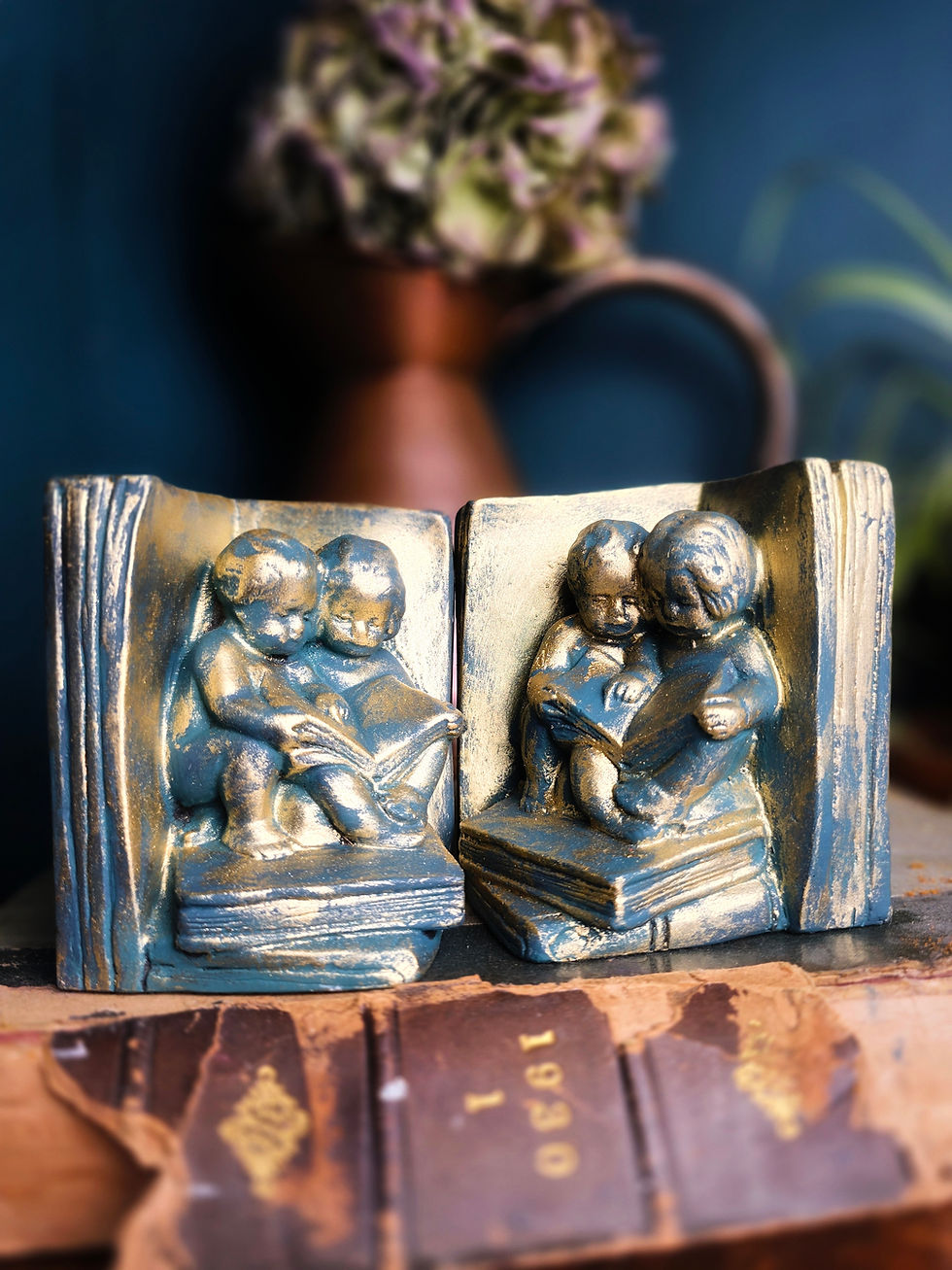 Thumbnail: Upcycled Bookends Hand Painted Blue Gold Children Reading Shelf Decor