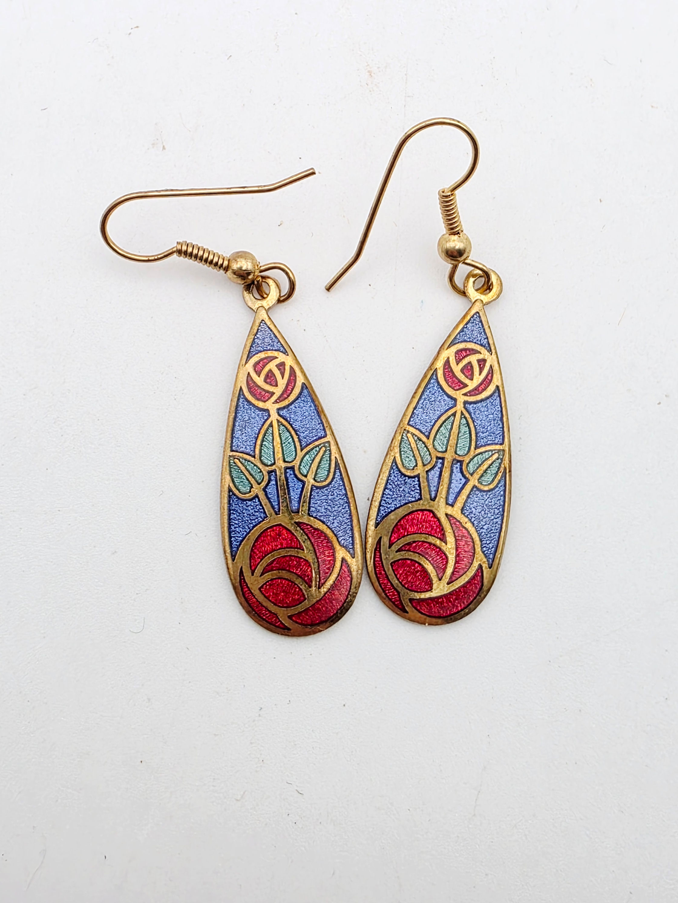 Vintage Signed Fish Gold Tone Red Rose Teardrop Earrings Enamel 5cm