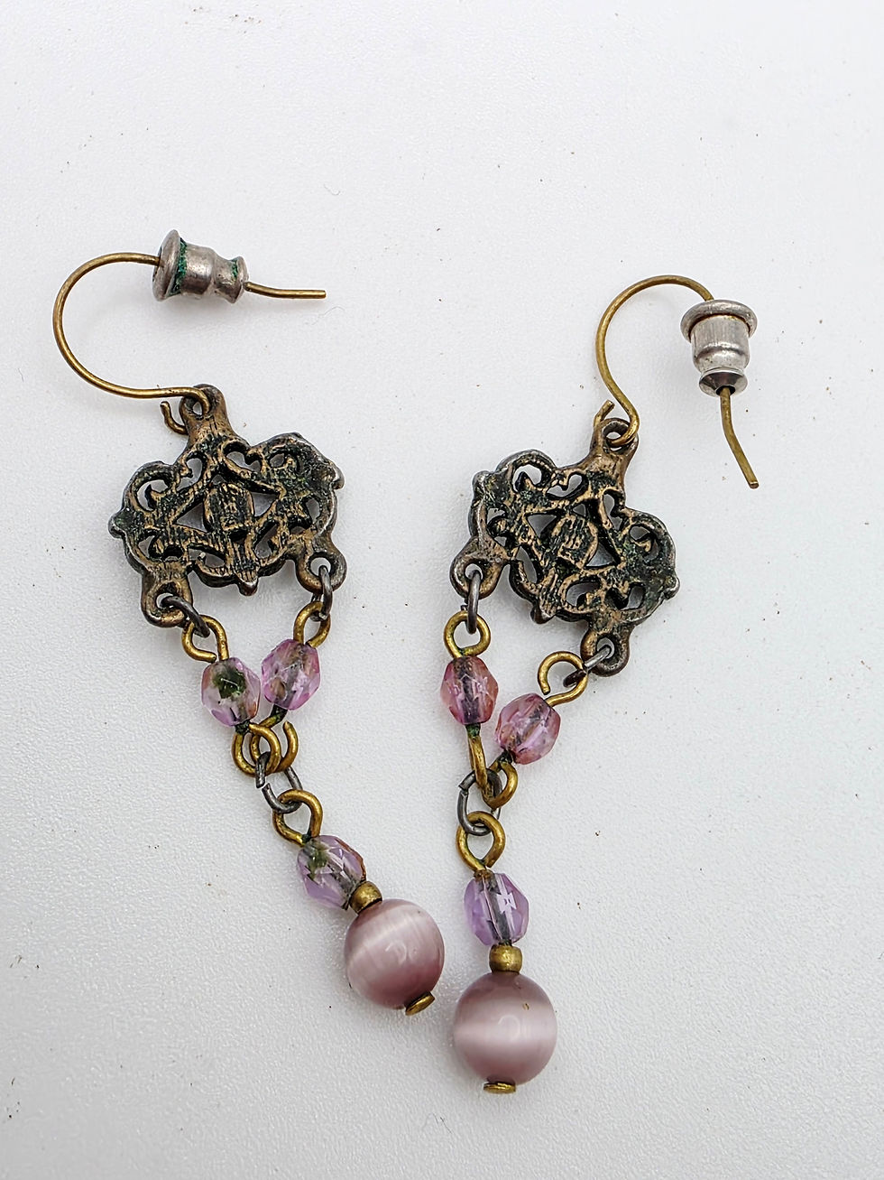 Thumbnail: Y2K Whimsigoth Bronze Filigree Purple Rhinestone Drop Earrings Bead 5cm