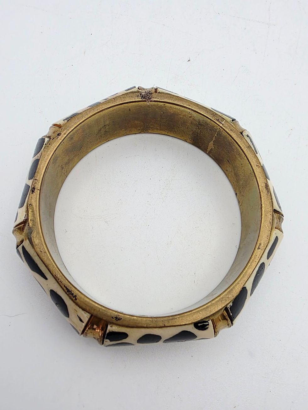 Thumbnail: Vintage 1980s Brass Animal Print Bangle Inlaid Black Spotted Jewellery 7cm