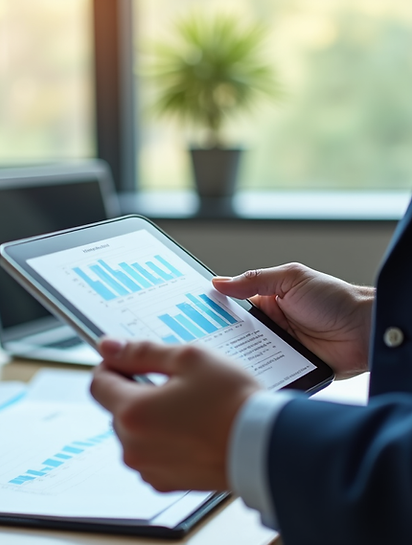 A person reviewing financial reports on a tablet in a well-lit, modern office environment.