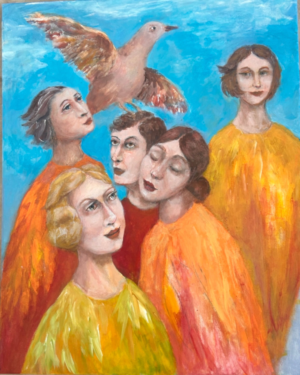 Hope Is... a line from Emily Dickinson is envisioned as a group of Orni Sapiens Janet Strayer 's painting