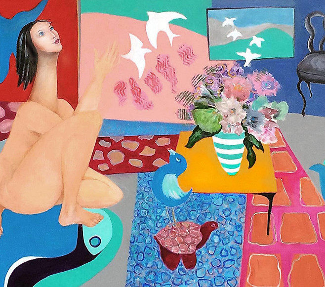 Contemporary imaginative portrait of woman and birds in colourful interior by Janet Strayer Art
