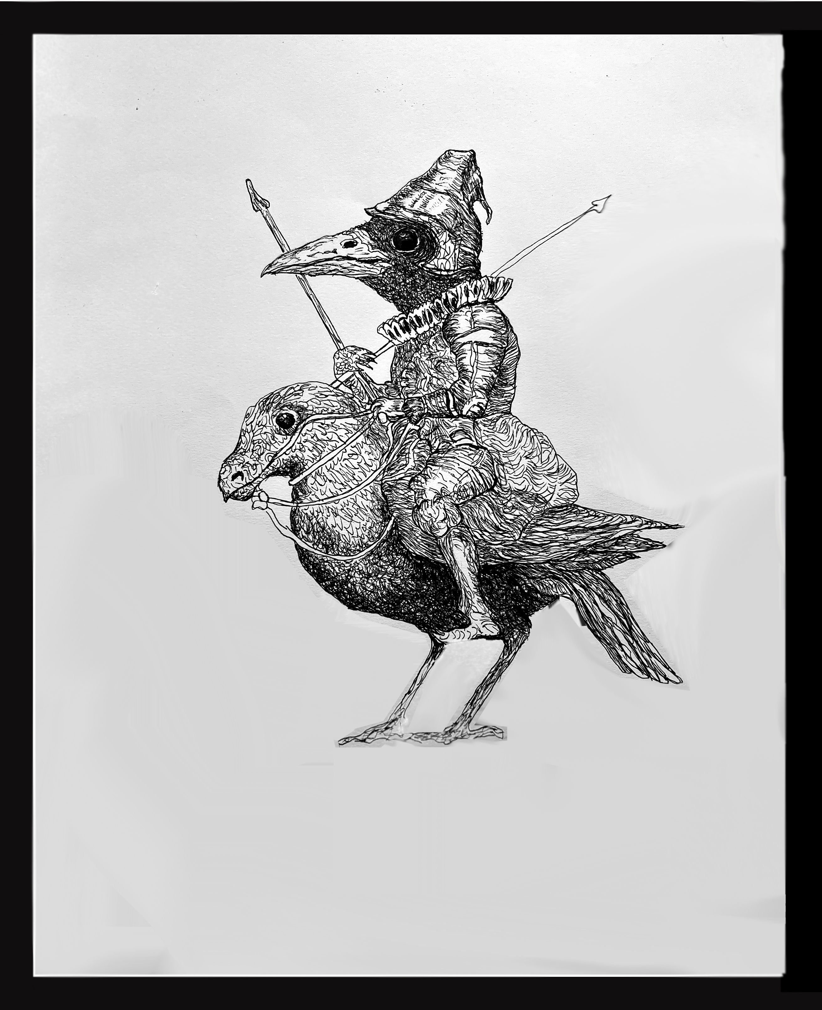 Quijote Bird is an original highly detailed ink drawing of an armored bird riding a bird by Janet Strayer Art