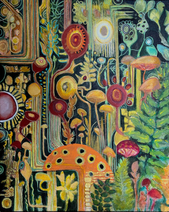 original surreal painting of circuit board growing flowers by Janet Strayer