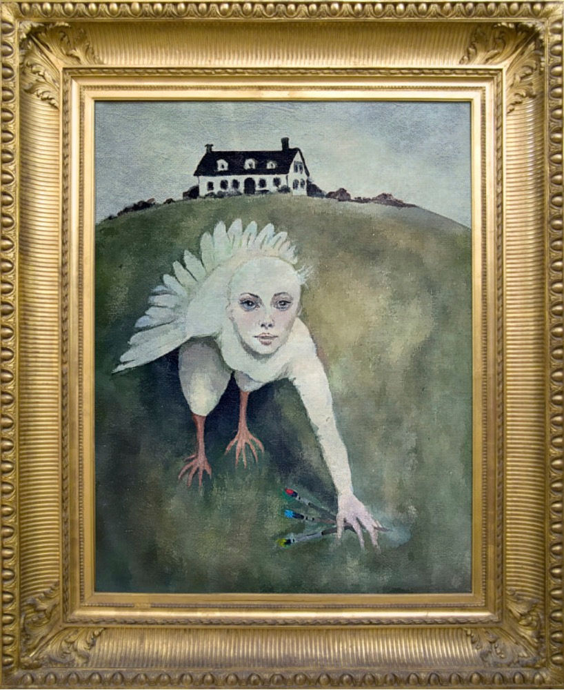 Thumbnail: Her Brushes Take Wing painting by Janet Strayer shown in ornate frame for illustration only