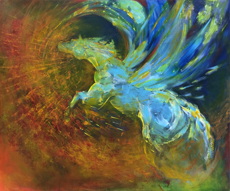 Pegasus is a semi-abstract painting of a mythical winged horse by Janet Strayer