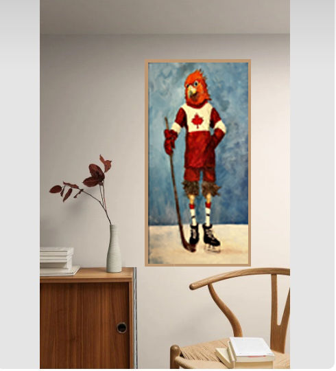 Hockey Birdman original painting by Janet Strayer shown in home setting is a fun tribute to Canada's national sport.