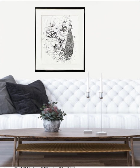 Magic Follows Her original ink drawing+collage in BW of mysterious woman .Artwork is shown in home setting