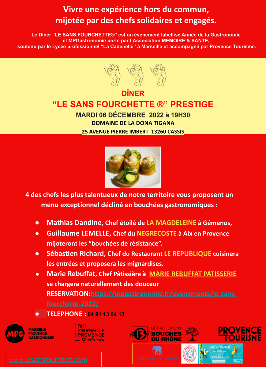 Affiche : DÎNER “LE SANS FOURCHETTE ®” PRESTIGE 6 DECEMBRE 2022 CASSIS DOMAINE TIGANA