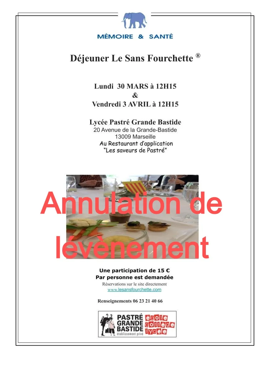 Affiche : LE SANS FOURCHETTE® du Lycée Pastré Grande Bastide le LUNDI 30 Mars 2020 à 12h15