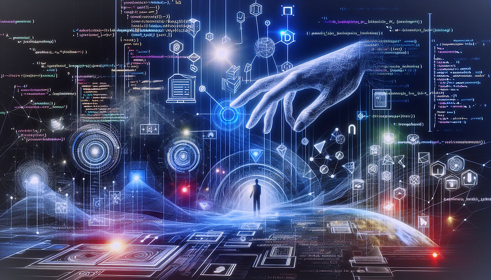 AI and man interacting with one another in a futuristic layout platform filled in with website coding and graph stats
