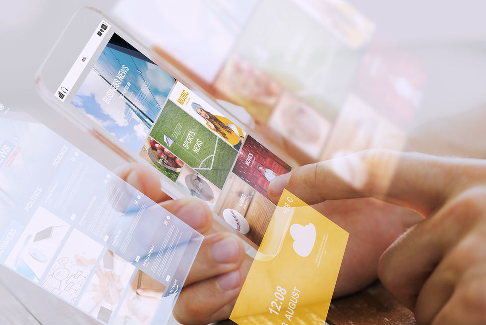 A futuristic phone screen with a hand interacting with the screen on a website